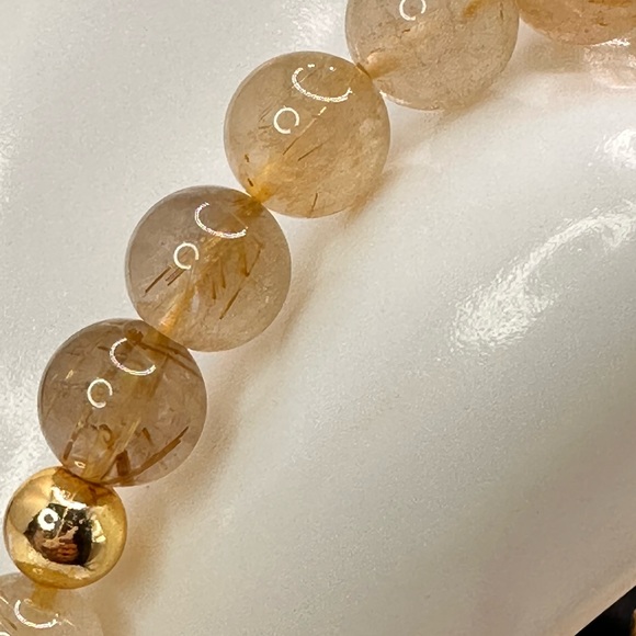 GOLD RUTILATED QUARTZ + SEA JASPER NATURAL STONES BRACELET size 7.5” - Picture 5 of 10